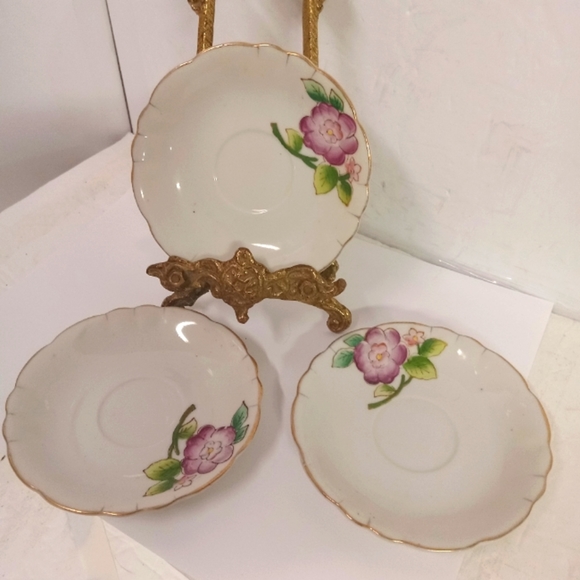 3 Vintage Japan Saucers 4.5" Pink Floral, Porcelain Gold Trim , Replacements - Picture 1 of 4